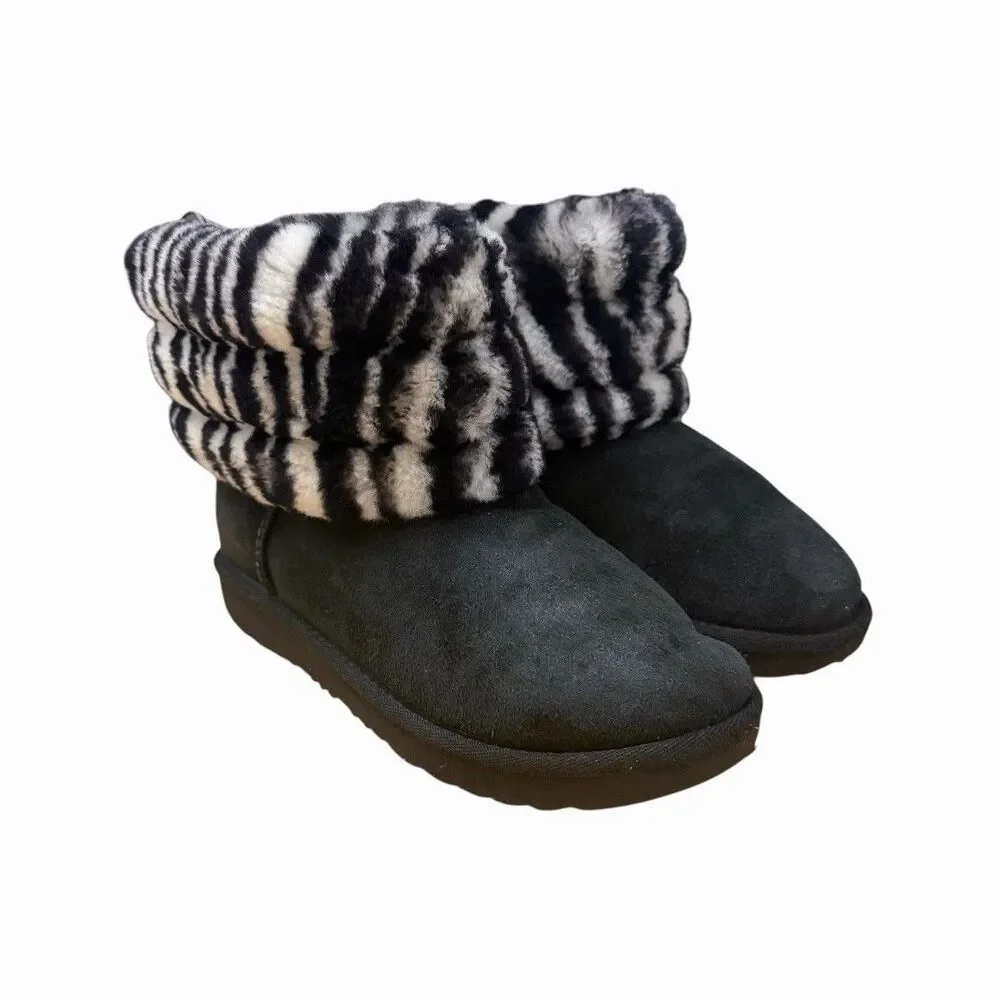 UGG Big Kids Sz 2 Fluff Mini Quilted Zebra Black White Suede Fur Boots